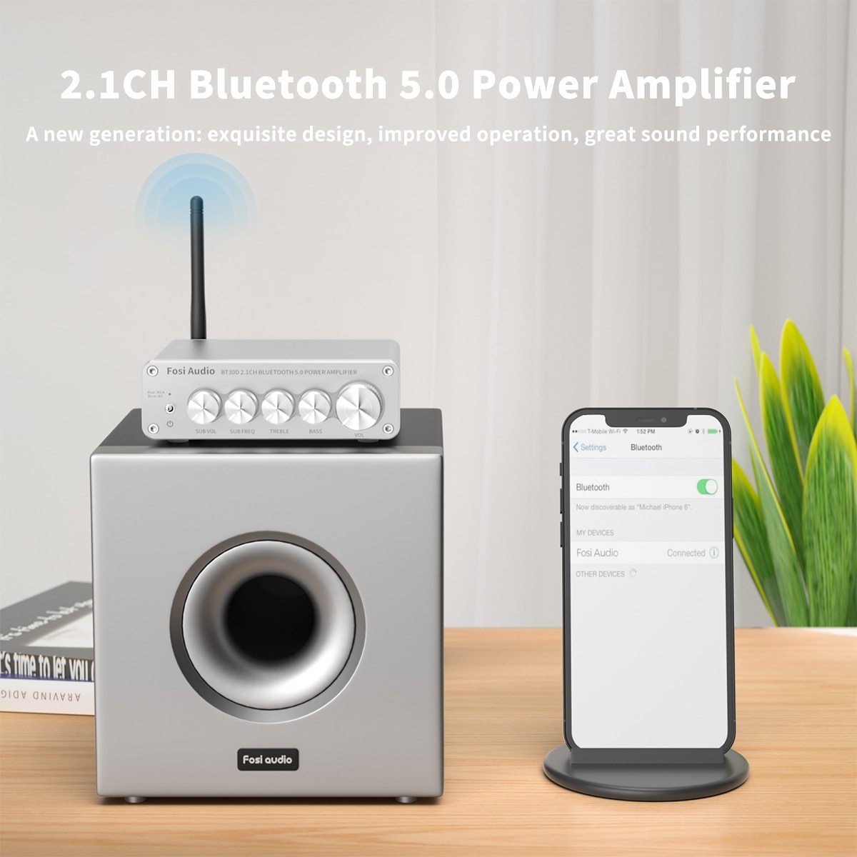 Silver 2.1 Channel Bluetooth audio amplifier receiver with passive speaker and subwoofer connections, showcasing its sleek design and connectivity options.