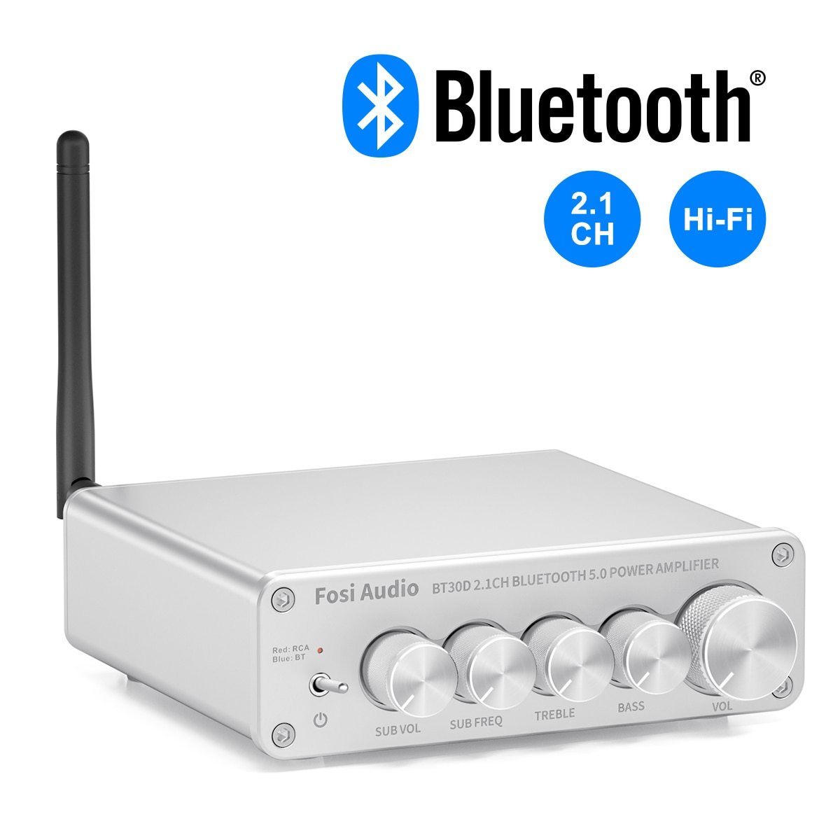 Silver 2.1 Channel Bluetooth audio amplifier receiver with passive speaker and subwoofer connections, showcasing its sleek design and connectivity options.