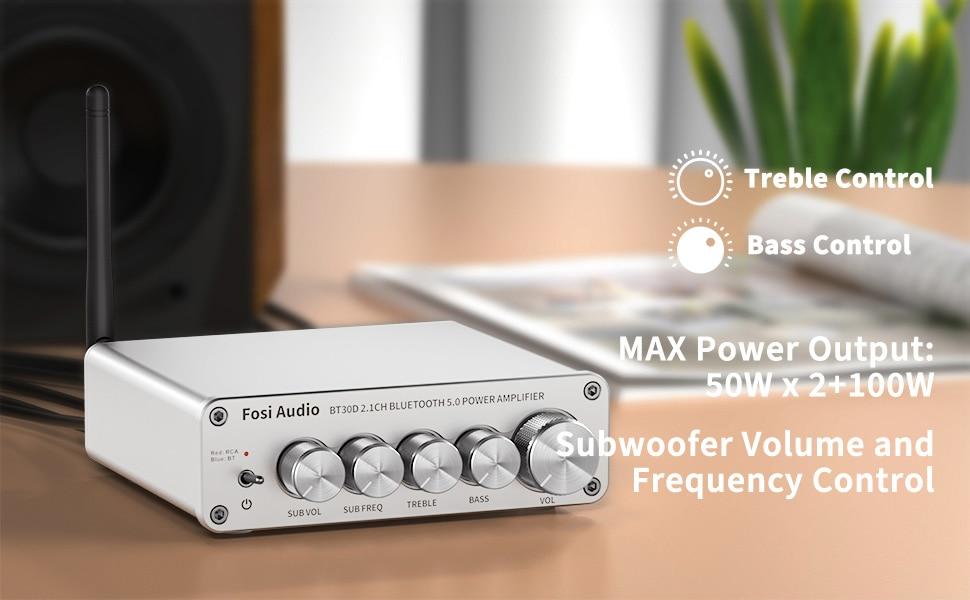 Silver 2.1 Channel Bluetooth audio amplifier receiver with passive speaker and subwoofer connections, showcasing its sleek design and connectivity options.