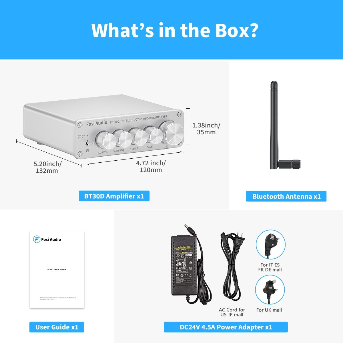 Silver 2.1 Channel Bluetooth audio amplifier receiver with passive speaker and subwoofer connections, showcasing its sleek design and connectivity options.