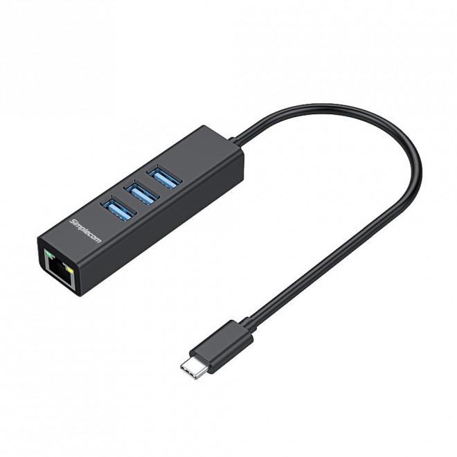 SIMPLECOM CHN421 Black Aluminium USB-C Hub with three USB-A ports and one Gigabit Ethernet port, showcasing its sleek design and functionality.