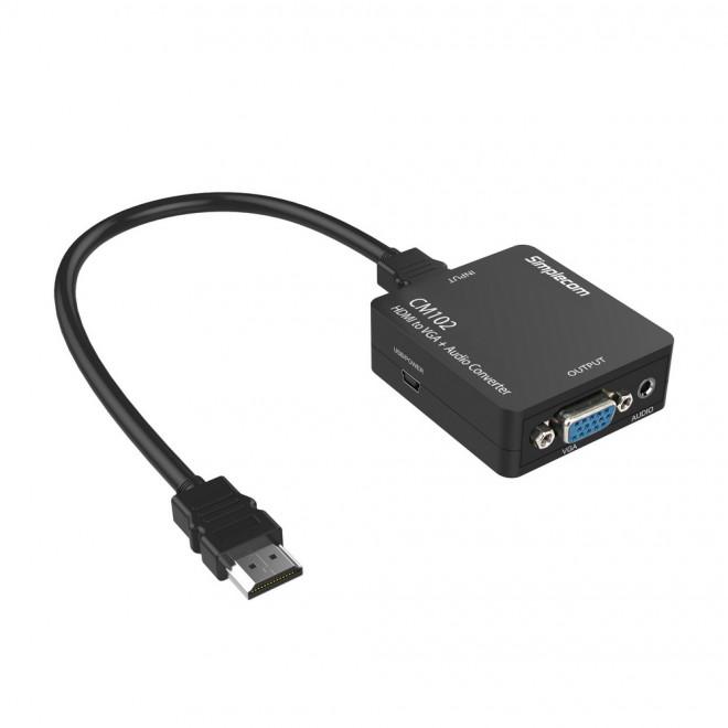 Simplecom CM102 HDMI to VGA + Audio Converter with detachable HDMI cable and USB power source.