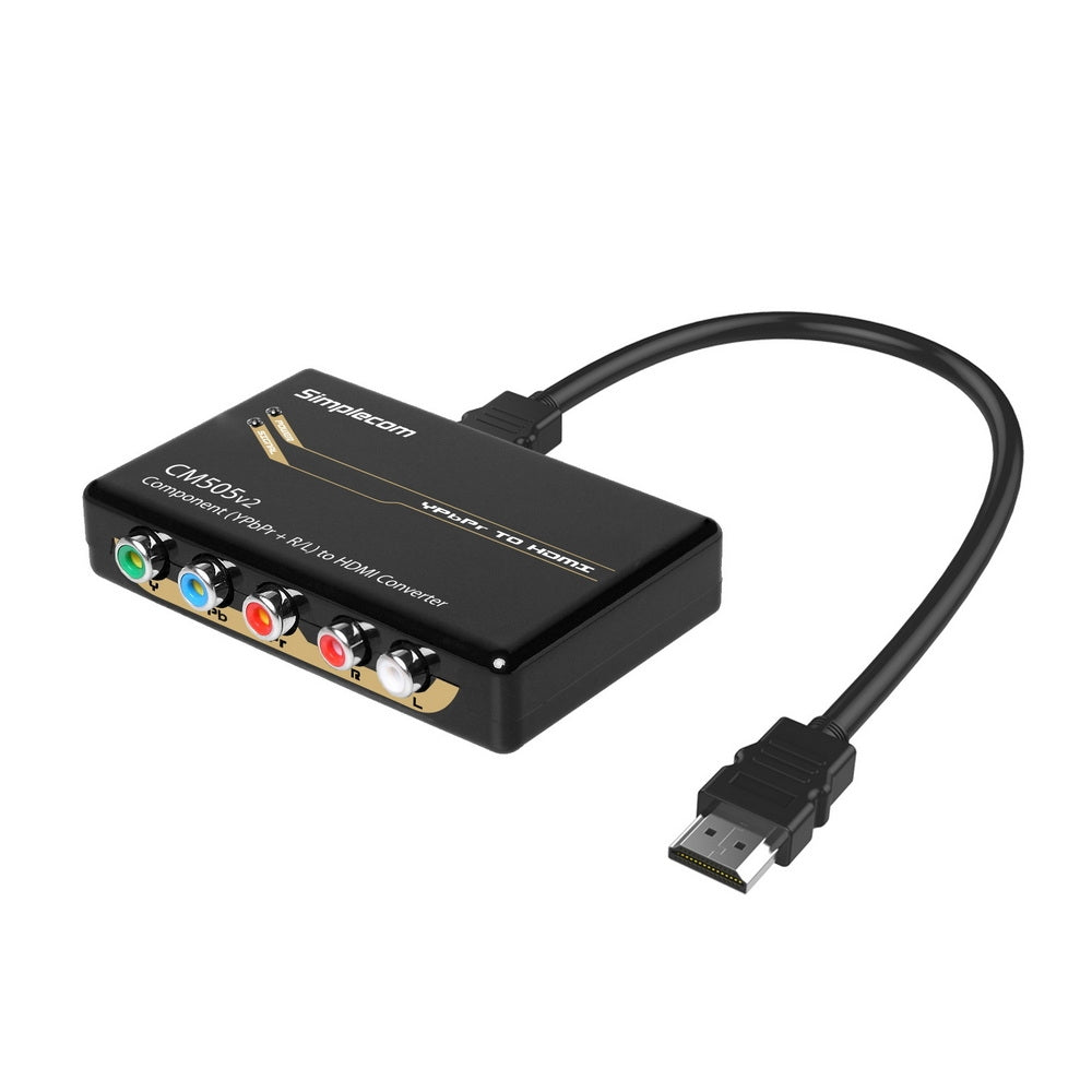 Simplecom CM505v2 Component to HDMI Converter with USB power supply and HDMI lead, designed for connecting legacy video devices to modern displays.