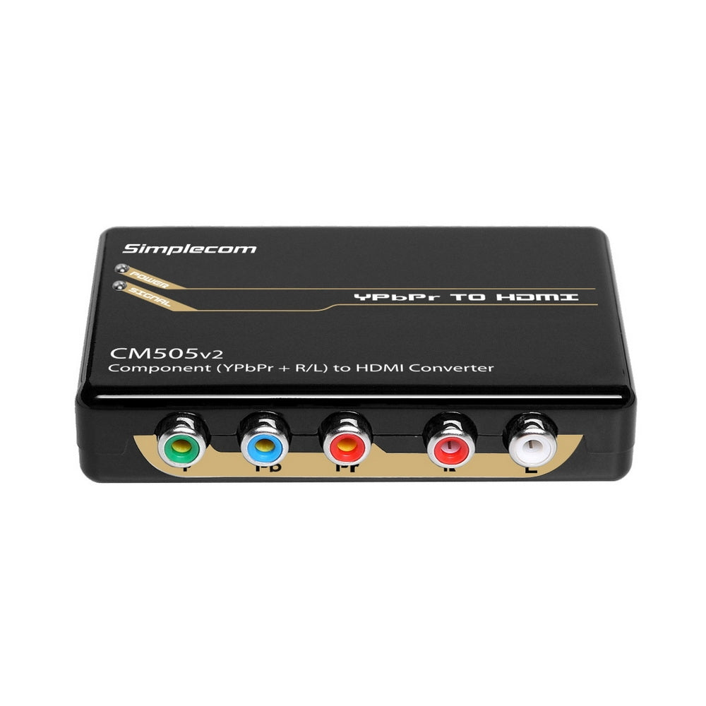 Simplecom CM505v2 Component to HDMI Converter with USB power supply and HDMI lead, designed for connecting legacy video devices to modern displays.