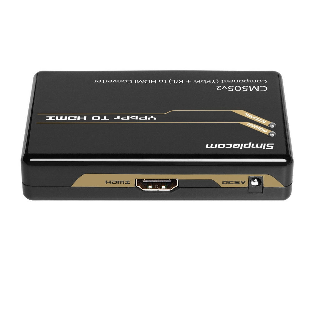 Simplecom CM505v2 Component to HDMI Converter with USB power supply and HDMI lead, designed for connecting legacy video devices to modern displays.