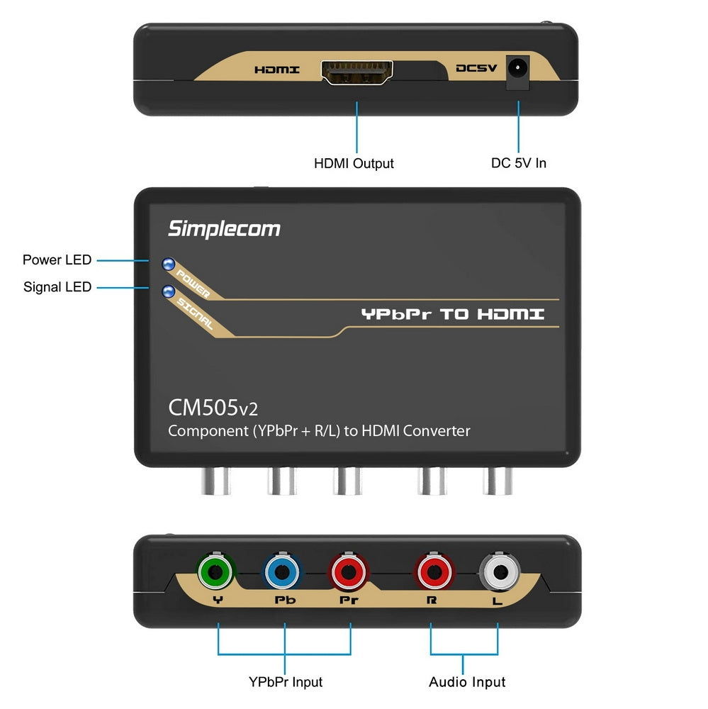 Simplecom CM505v2 Component to HDMI Converter with USB power supply and HDMI lead, designed for connecting legacy video devices to modern displays.