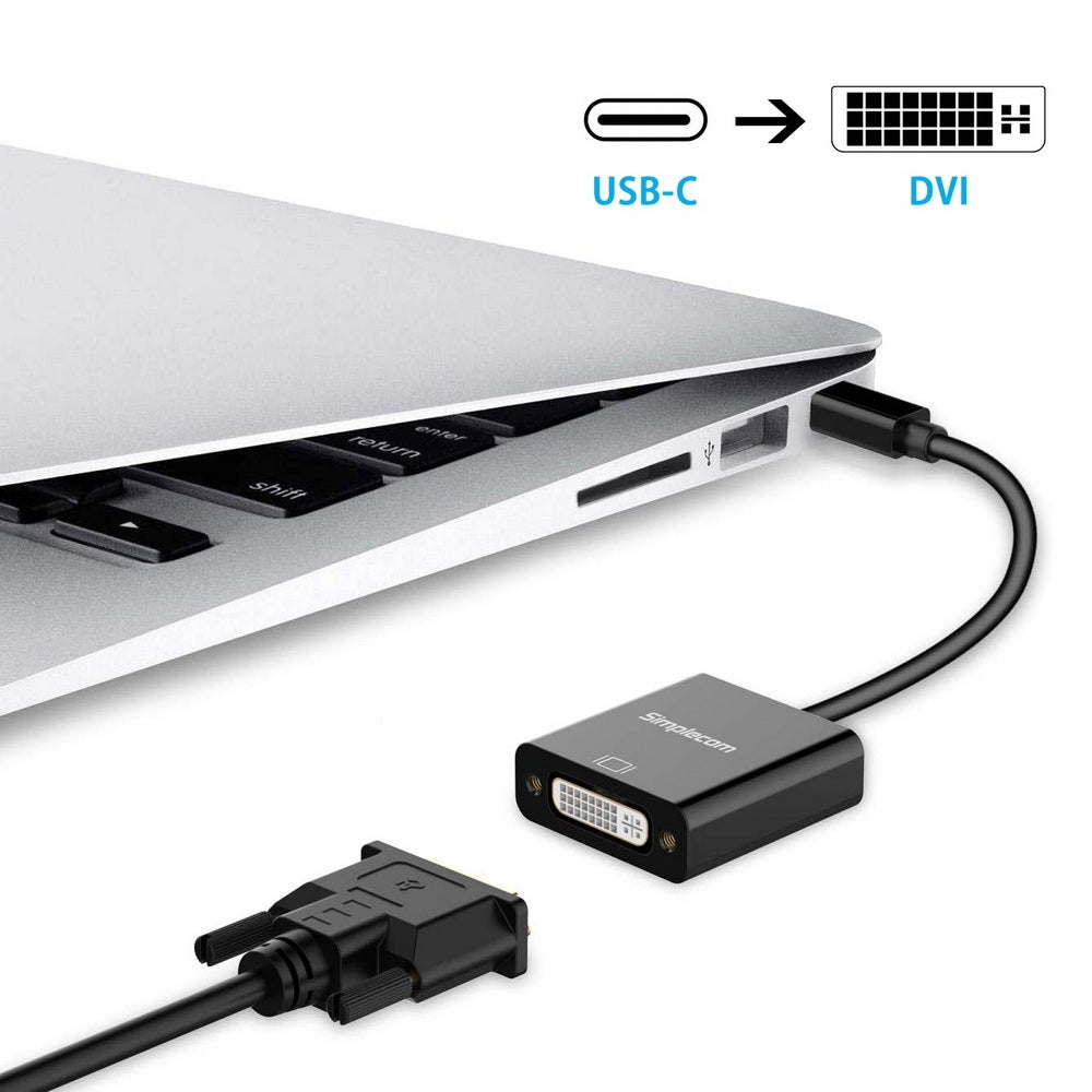 Simplecom DA103 USB-C to DVI Adapter, lightweight and portable, designed for Full HD 1080p video output.