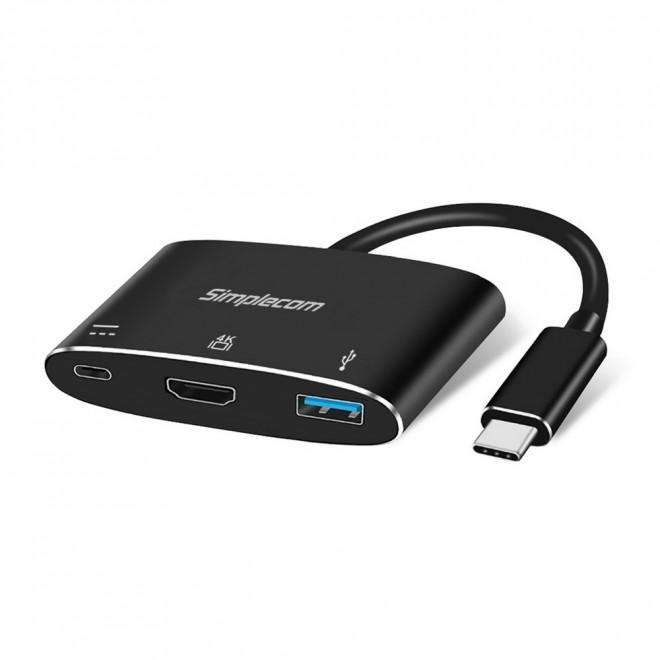 SIMPLECOM DA310 USB 3.1 Type C to HDMI Adapter with PD Charging, showcasing its ports and compact design.