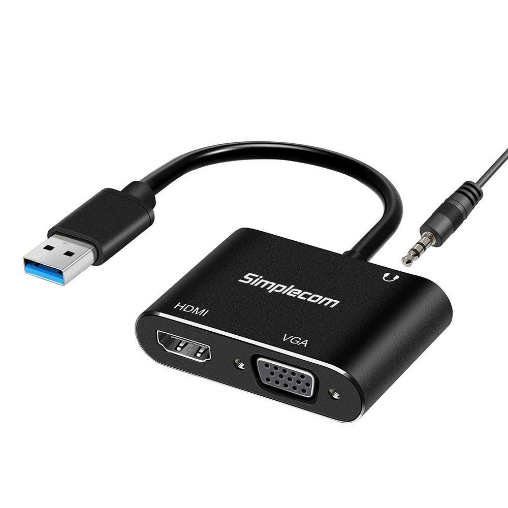 Simplecom DA316A USB to HDMI and VGA Video Card Adapter with 3.5mm audio jack, compact design for dual display setup.