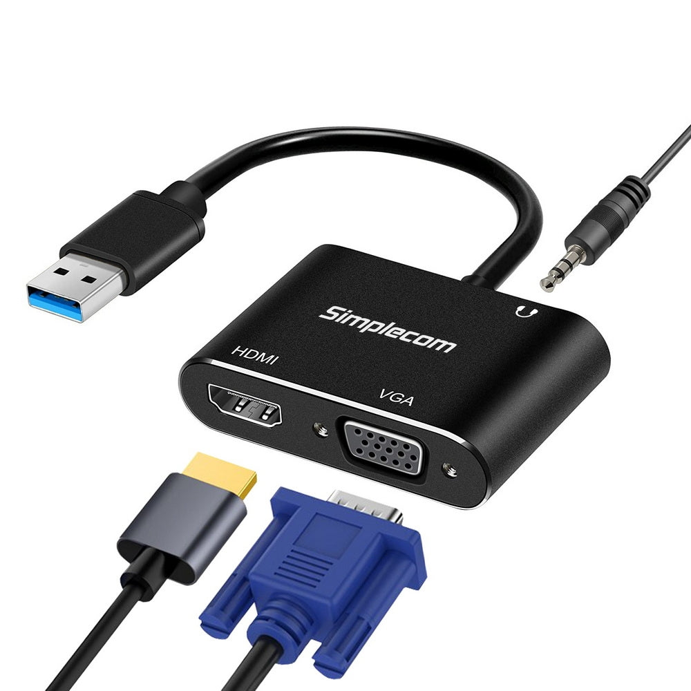 Simplecom DA316A USB to HDMI and VGA Video Card Adapter with 3.5mm audio jack, compact design for dual display setup.