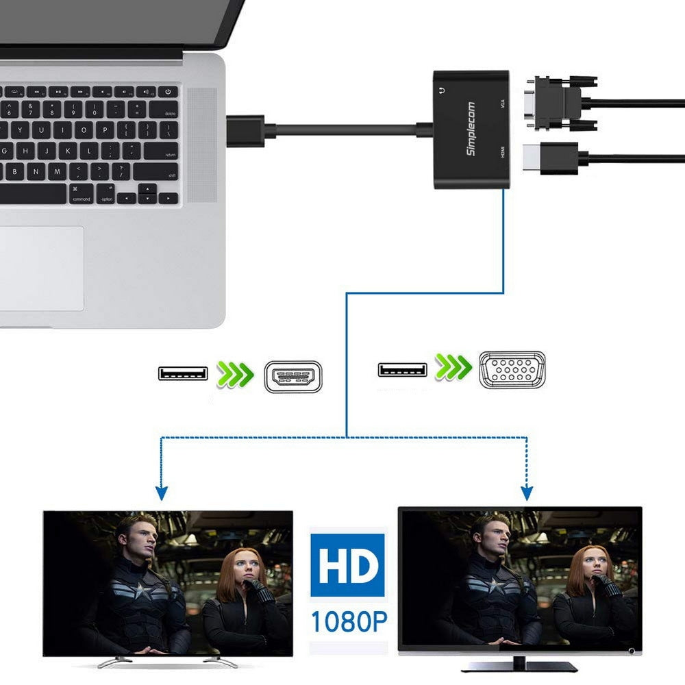 Simplecom DA316A USB to HDMI and VGA Video Card Adapter with 3.5mm audio jack, compact design for dual display setup.