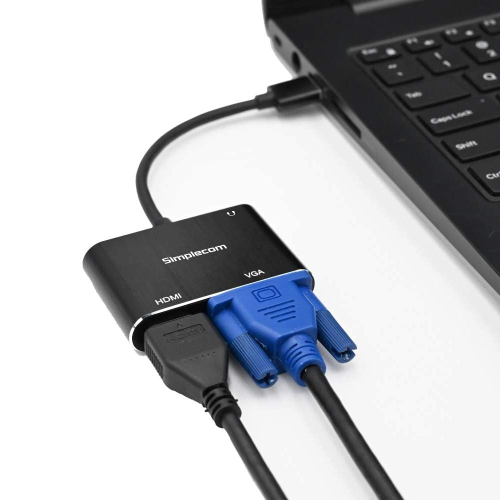 Simplecom DA316A USB to HDMI and VGA Video Card Adapter with 3.5mm audio jack, compact design for dual display setup.