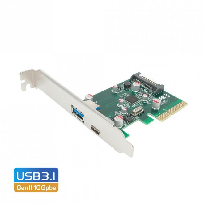 SIMPLECOM EC312 PCI-E 2.0 x4 USB 3.1 Gen II expansion card with Type-C and Type-A ports.