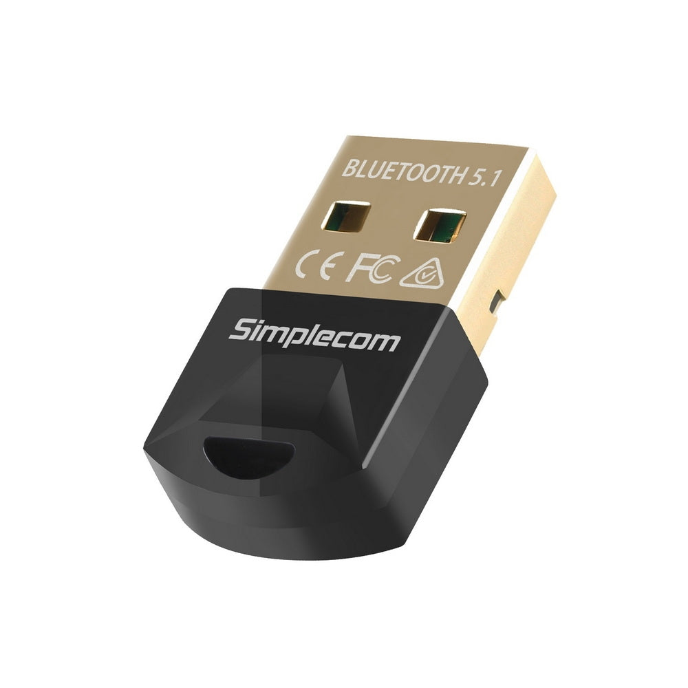 Simplecom NB410 USB Bluetooth 5.1 Adapter Wireless Dongle with gold plated USB connector, compact design, and Bluetooth 5.1 capabilities.