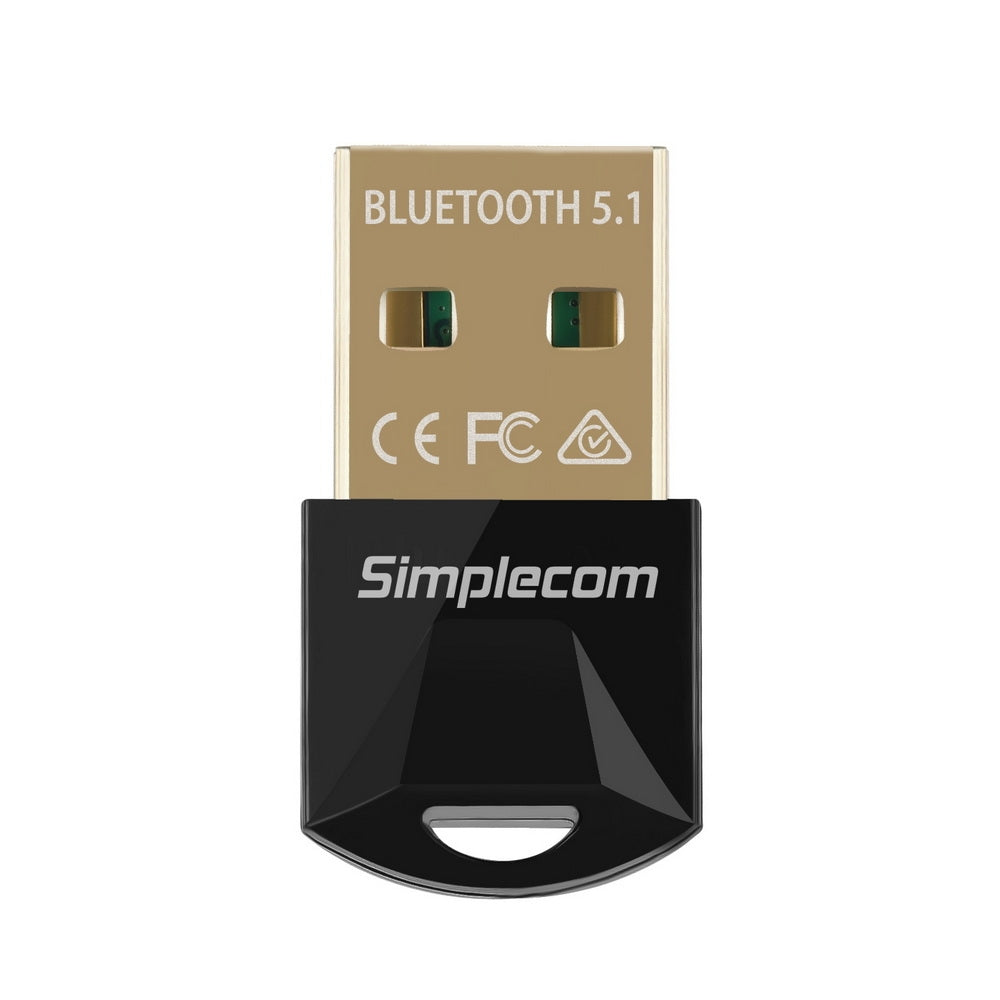 Simplecom NB410 USB Bluetooth 5.1 Adapter Wireless Dongle with gold plated USB connector, compact design, and Bluetooth 5.1 capabilities.