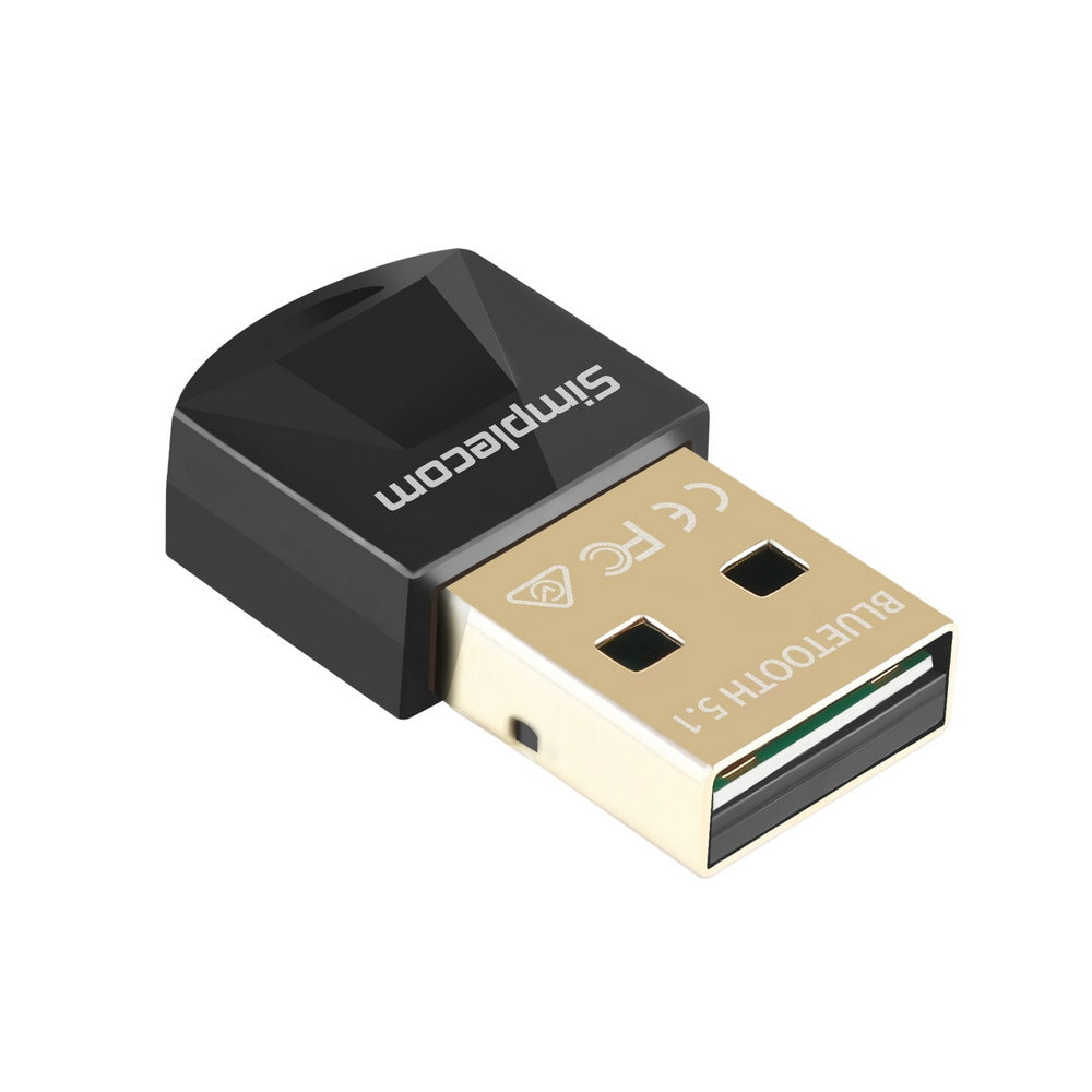 Simplecom NB410 USB Bluetooth 5.1 Adapter Wireless Dongle with gold plated USB connector, compact design, and Bluetooth 5.1 capabilities.