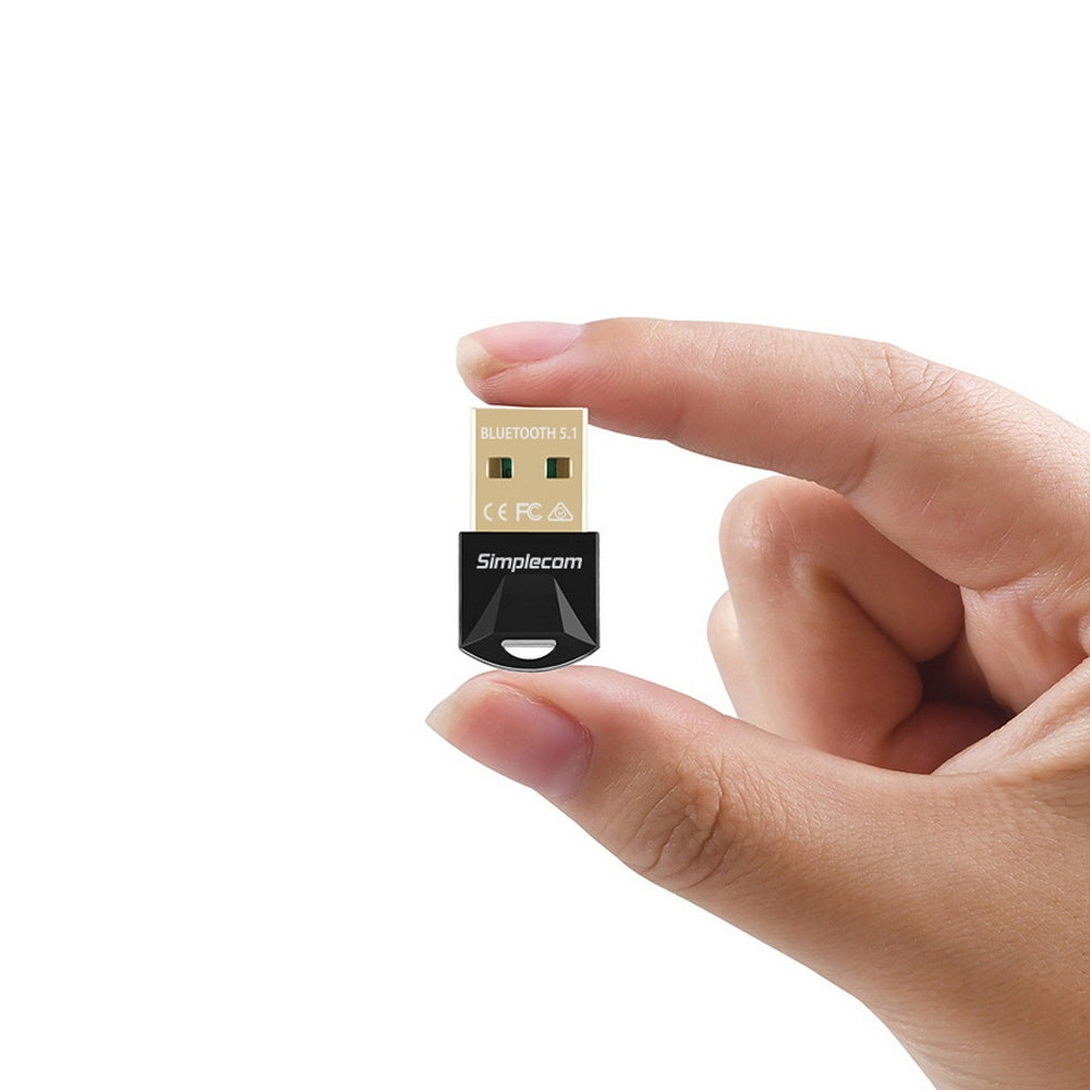 Simplecom NB410 USB Bluetooth 5.1 Adapter Wireless Dongle with gold plated USB connector, compact design, and Bluetooth 5.1 capabilities.