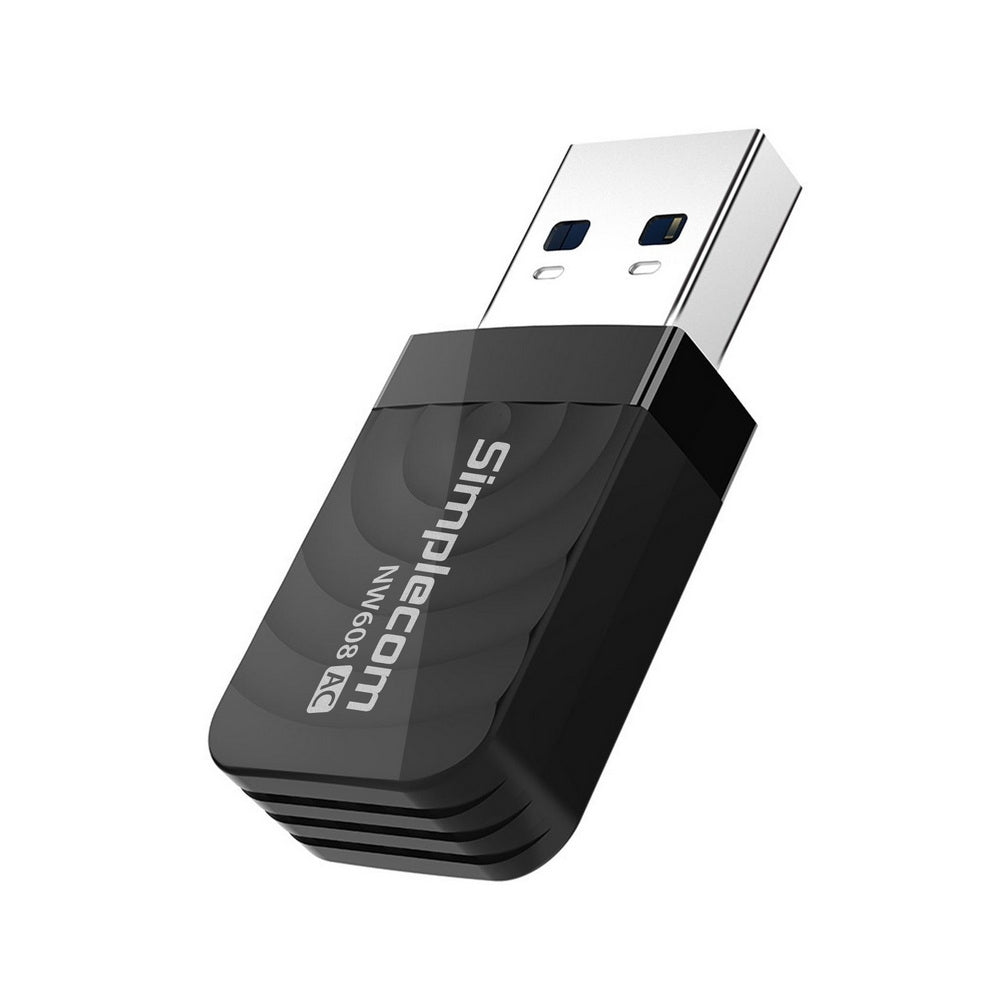 Simplecom NW608 Wi-Fi 5 AC1300 Dual Band USB 3.0 Wireless Adapter, compact design with dual-band support for high-speed internet.