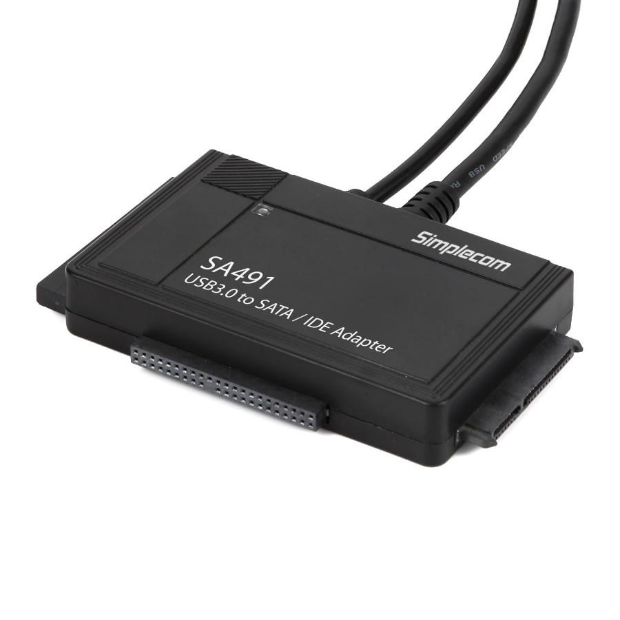 SIMPLECOM SA491 3-IN-1 USB Adapter for SATA and IDE drives, showcasing its compact design and multiple connection options.