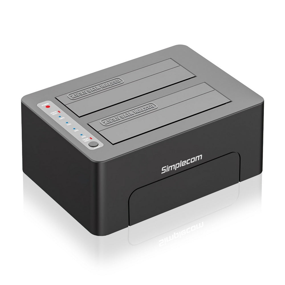 Simplecom SD422 Dual Bay USB 3.0 Docking Station with two SATA slots for 2.5" and 3.5" drives, featuring USB 3.2 Gen 1 interface.