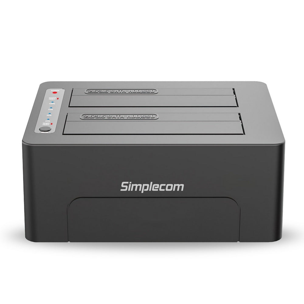 Simplecom SD422 Dual Bay USB 3.0 Docking Station with two SATA slots for 2.5" and 3.5" drives, featuring USB 3.2 Gen 1 interface.