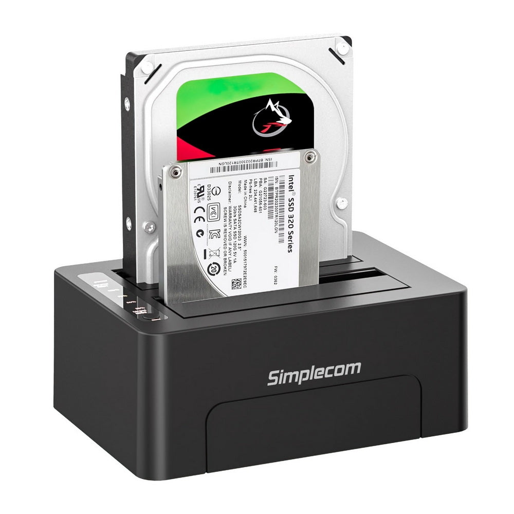 Simplecom SD422 Dual Bay USB 3.0 Docking Station with two SATA slots for 2.5" and 3.5" drives, featuring USB 3.2 Gen 1 interface.