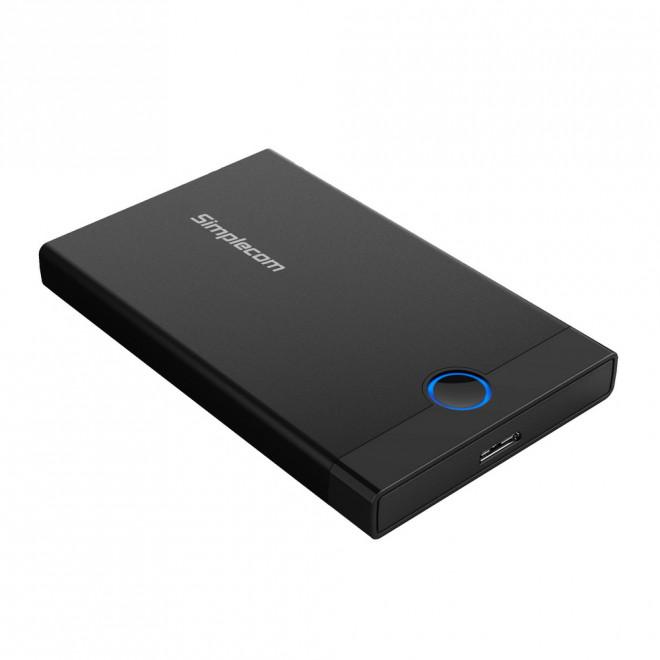 SIMPLECOM SE209 Tool-free USB 3.0 enclosure for 2.5" SATA HDD/SSD, showcasing its sleek design and LED indicator.