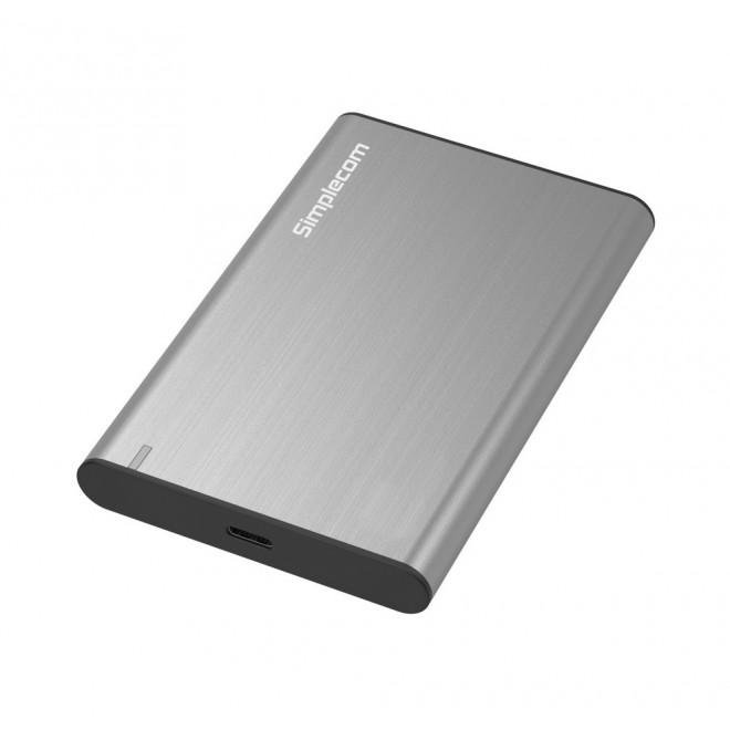 SIMPLECOM SE221 Aluminium 2.5'' SATA HDD/SSD to USB 3.1 Enclosure with USB-C and USB-A adapters, showcasing its sleek design.