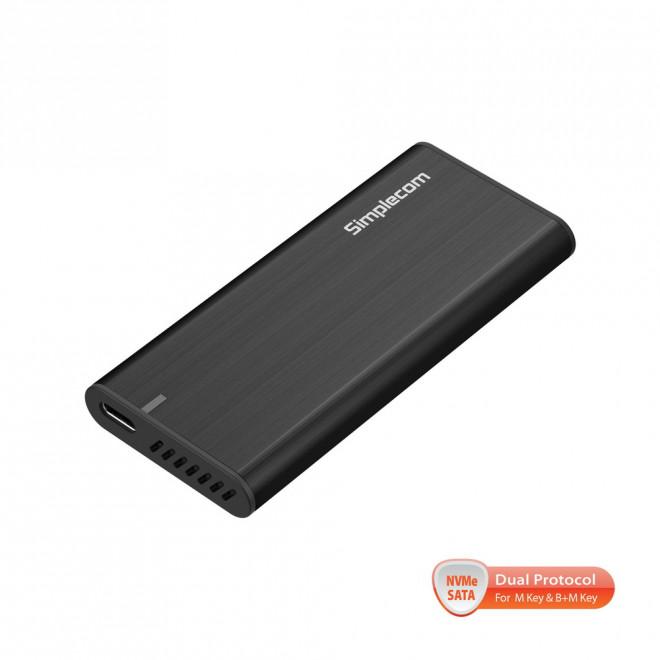 Simplecom SE515 Tool-Free NVMe SATA M.2 SSD to USB 3.2 enclosure with aluminum body and USB-C connectors.