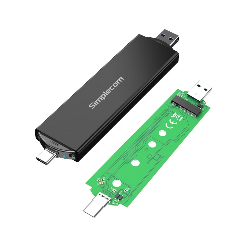 Simplecom SE522 NVMe/SATA M.2 SSD to USB 3.2 Gen 2 enclosure with dual USB connectors and aluminum casing.