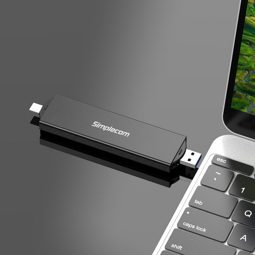 Simplecom SE522 NVMe/SATA M.2 SSD to USB 3.2 Gen 2 enclosure with dual USB connectors and aluminum casing.