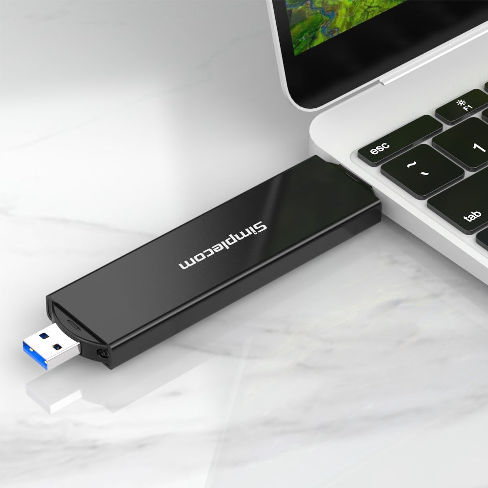 Simplecom SE522 NVMe/SATA M.2 SSD to USB 3.2 Gen 2 enclosure with dual USB connectors and aluminum casing.