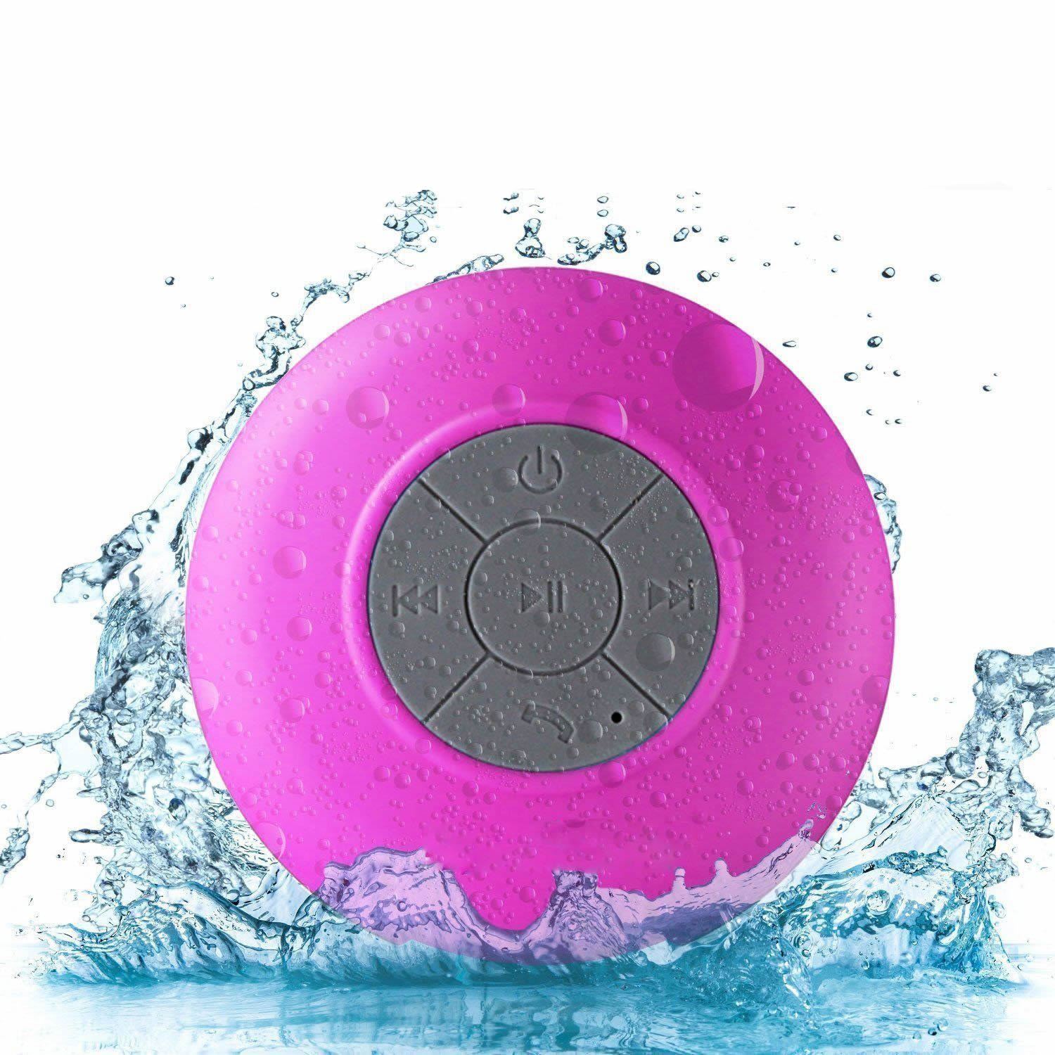 A vibrant Bluetooth speaker designed for use in the shower, featuring a waterproof silicone exterior and built-in microphone for hands-free calls.