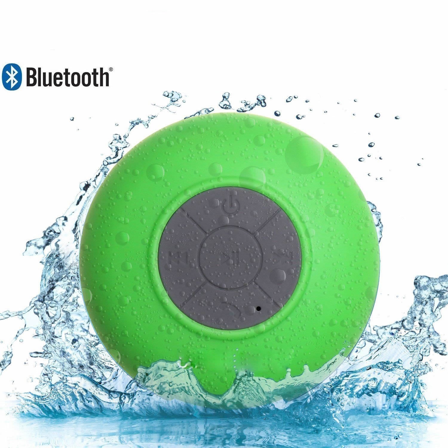 A vibrant Bluetooth speaker designed for use in the shower, featuring a waterproof silicone exterior and built-in microphone for hands-free calls.