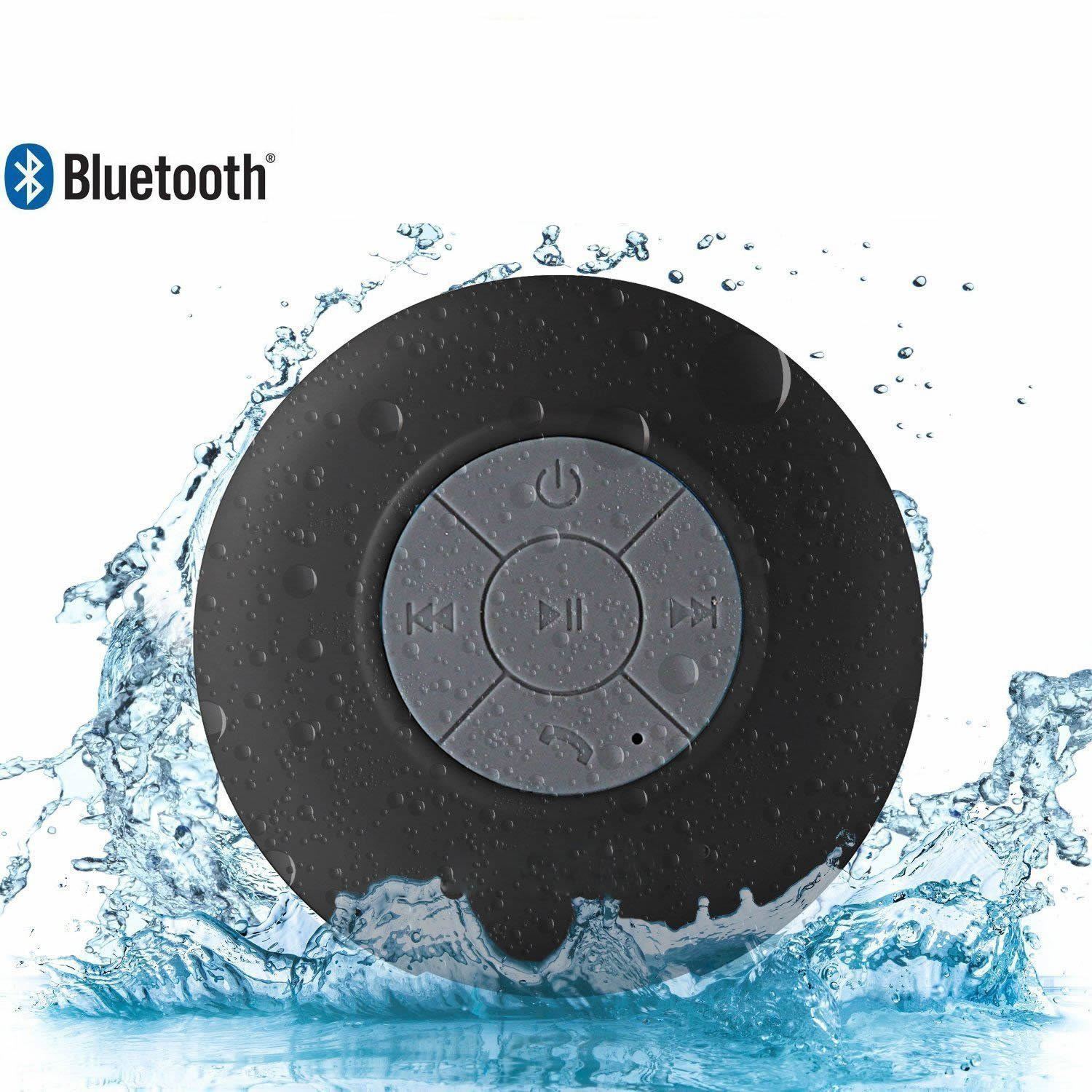 A vibrant Bluetooth speaker designed for use in the shower, featuring a waterproof silicone exterior and built-in microphone for hands-free calls.