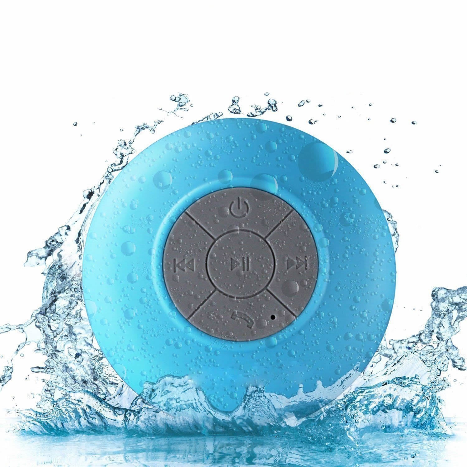 A vibrant Bluetooth speaker designed for use in the shower, featuring a waterproof silicone exterior and built-in microphone for hands-free calls.