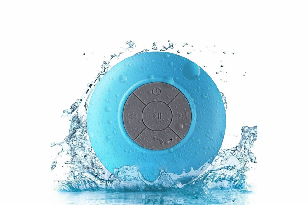 A vibrant Bluetooth speaker designed for use in the shower, featuring a waterproof silicone exterior and built-in microphone for hands-free calls.