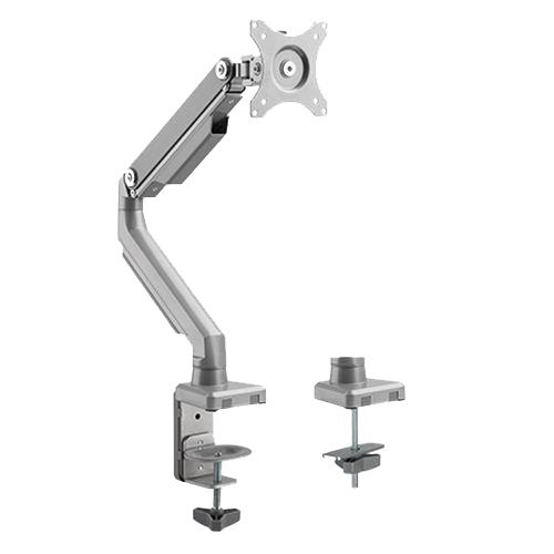 Single Monitor Arm with Mechanical Spring, featuring a sleek silver design and quick on/off VESA plate for easy monitor adjustments.