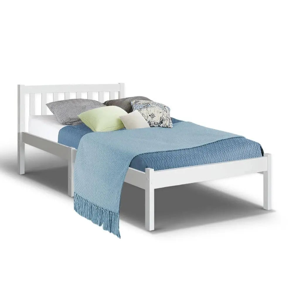 Single Size Wooden Bed Frame in White, made from solid pine wood with a stylish design and smooth edges.