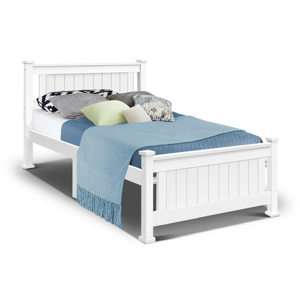 Single size wooden bed frame in white, made of solid pine wood with a stylish headboard and smooth edges, suitable for Australian mattresses.