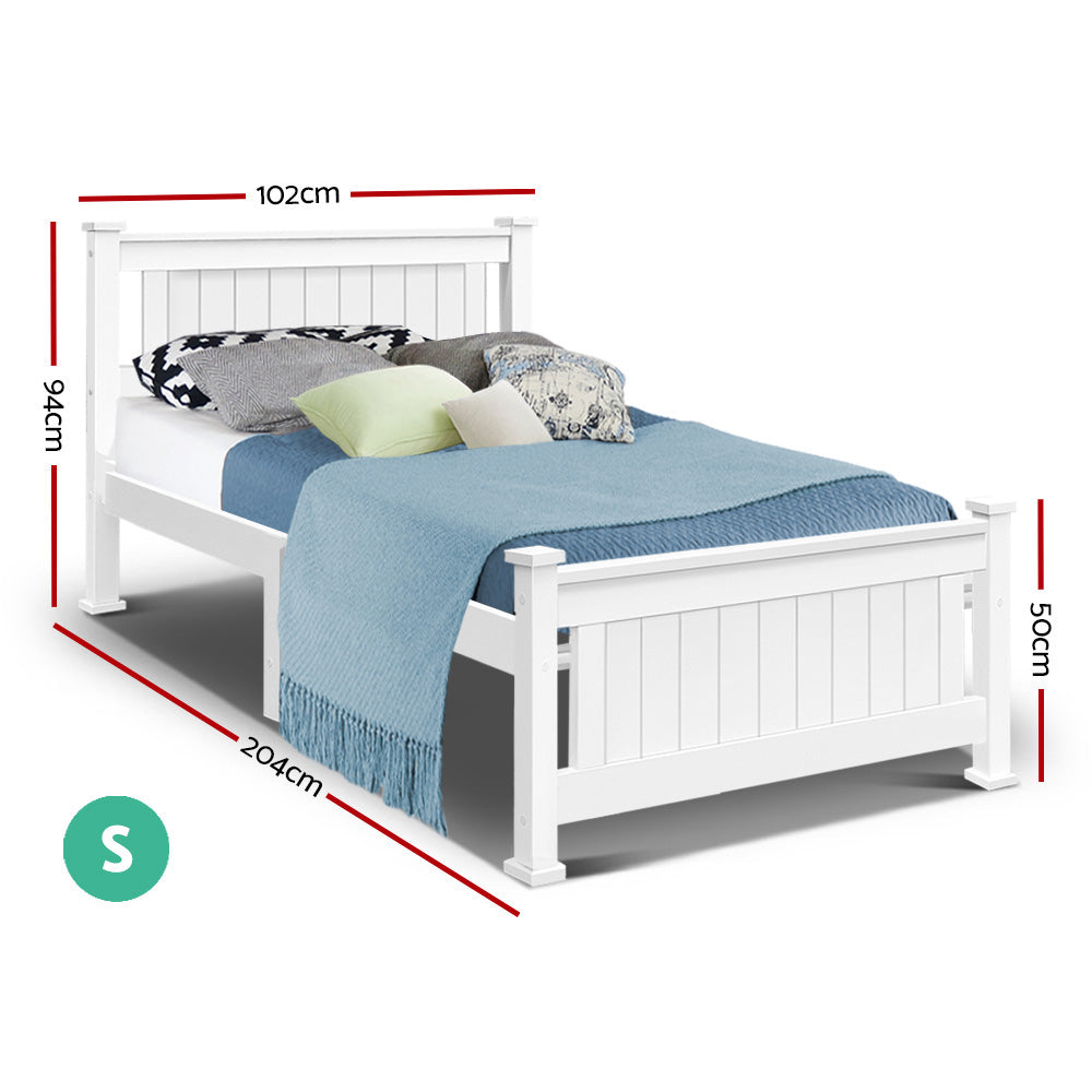 Single size wooden bed frame in white, made of solid pine wood with a stylish headboard and smooth edges, suitable for Australian mattresses.