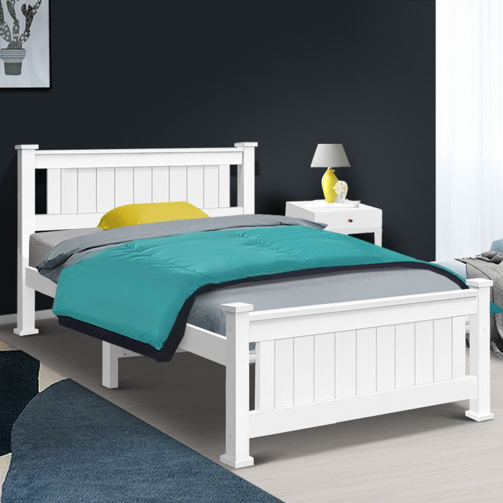 Single size wooden bed frame in white, made of solid pine wood with a stylish headboard and smooth edges, suitable for Australian mattresses.