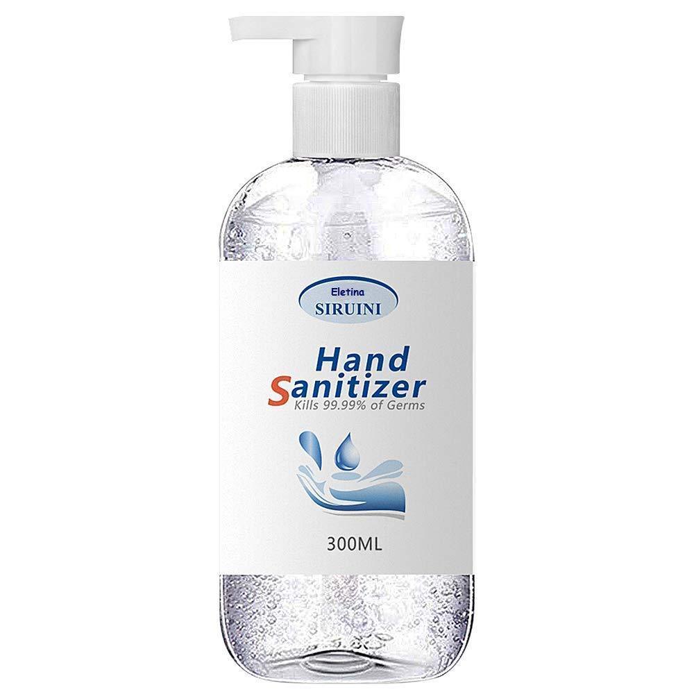 Siruini Hand Sanitizer Gel 300ML bottle with a clear label showing 75% alcohol content and moisturizing ingredients.