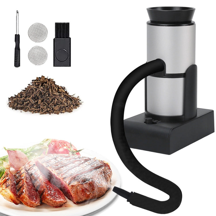 SK305B Silver Kitchen Tool Handheld Smoke Detector with wood chips and accessories, designed for smoking food at home.