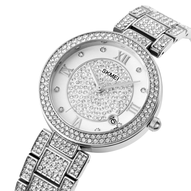 SKMEI 1739 Diamond Roman Numerals Round Dial Quartz Watch with a stylish zinc alloy strap and stainless steel buckle.