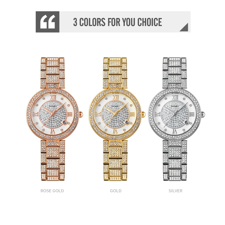 SKMEI 1739 Diamond Roman Numerals Round Dial Quartz Watch with a stylish zinc alloy strap and stainless steel buckle.