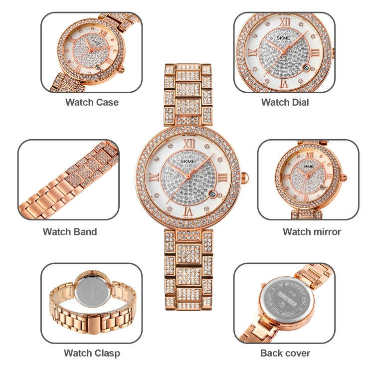 SKMEI 1739 Diamond Roman Numerals Round Dial Quartz Watch with a stylish zinc alloy strap and stainless steel buckle.