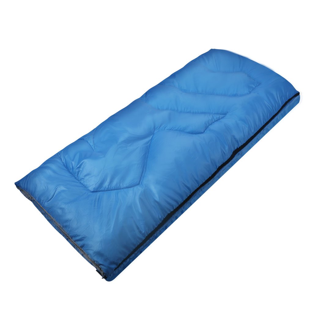 Blue sleeping bag designed for outdoor camping and hiking, featuring a water-repellent exterior and comfortable hollow cotton filling.