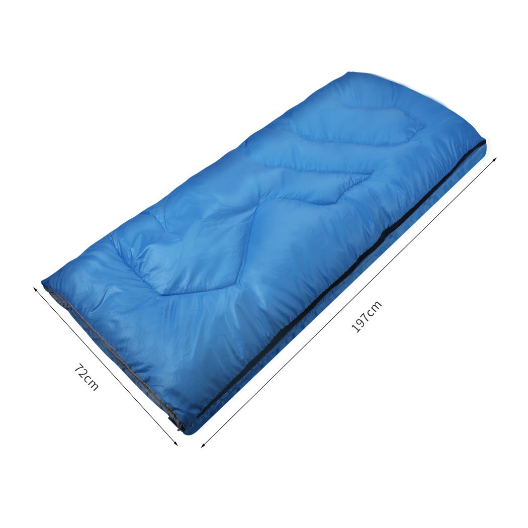 Blue sleeping bag designed for outdoor camping and hiking, featuring a water-repellent exterior and comfortable hollow cotton filling.