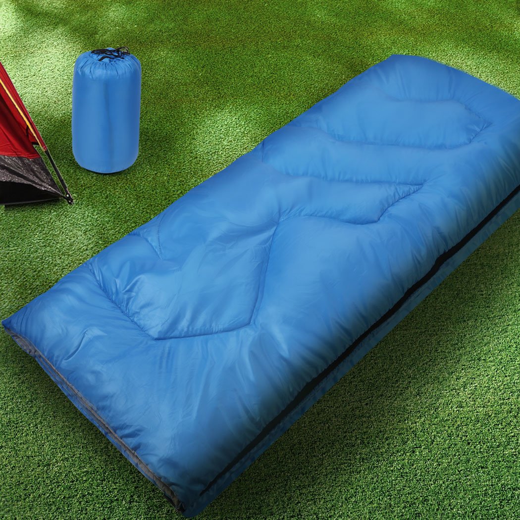 Blue sleeping bag designed for outdoor camping and hiking, featuring a water-repellent exterior and comfortable hollow cotton filling.